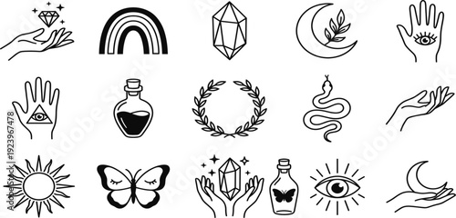 Mystical Boho Icon Set with Moon Crystal Snake Hands and Celestial Symbols Minimal Line Art Spiritual Vector Illustration Collection