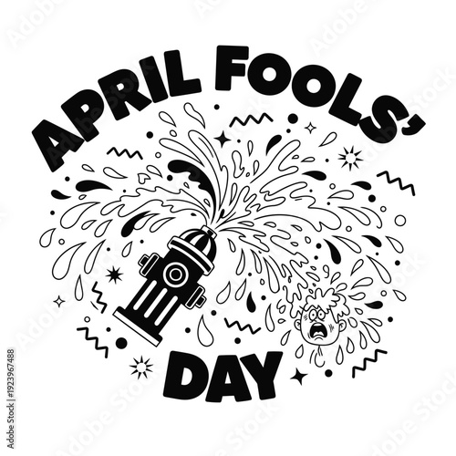 April Fools' Day illustration of a fire hydrant spraying water wildly on a shocked person, capturing the essence of a wet prank.