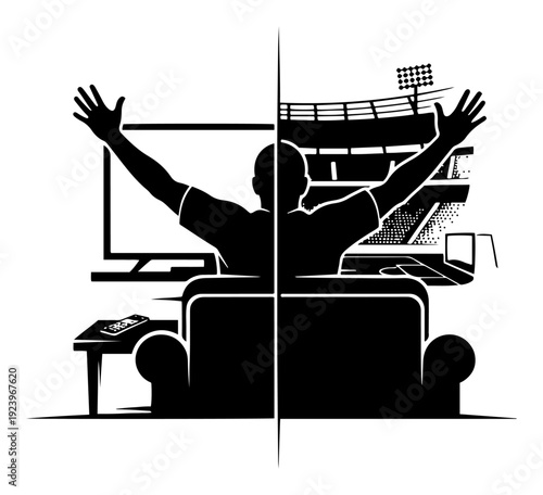 Concept illustration of a soccer fan cheering at home and in a stadium