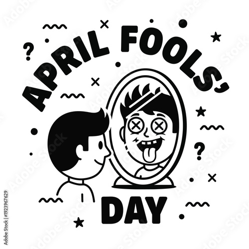 April Fools' Day concept with a boy looking in a mirror reflecting a silly, crazy face, black and white line art.
