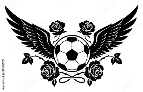 Classic sports emblem featuring a soccer ball with wings and decorative roses