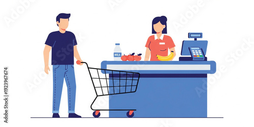 Supermarket Checkout and Grocery Shopping Concept with Customer Cart, Cashier Counter, Fresh Food, and Retail Payment Illustration