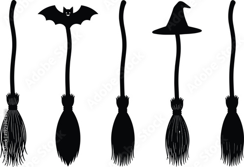 Broomstick silhouette illustration, Halloween decoration bat witch hat straw bristles character design, vector artwork, seasonal and festive theme, isolated background