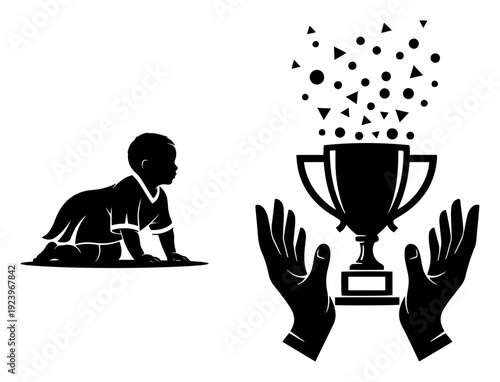 Silhouette of a crawling baby next to hands reaching for a victory trophy cup