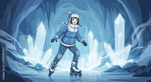 Young girl rollerblading in winter attire.