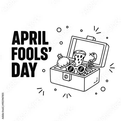 April Fools' Day surprise box illustration containing a snake, pizza slice, and googly eyes, embodying playful trickery.