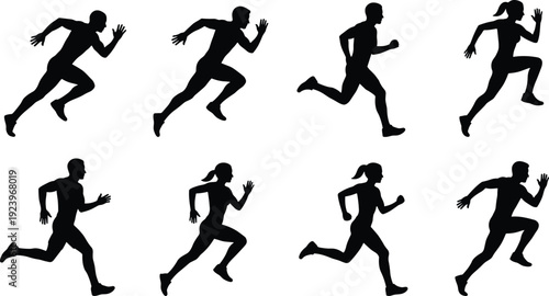 Set of running men and women silhouettes in sprint poses isolated on white background, black athlete illustration collection for fitness, sport and training design