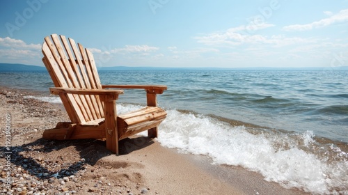 A weathered wooden Adirondack chair awaits relaxation on a secluded beach next to the gently lapping ocean waves under a clear blue sky.