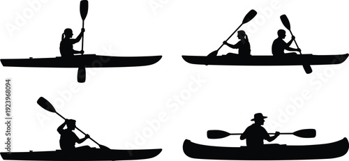 Kayak canoe silhouette illustration, paddling water sport character design outdoor adventure vector artwork, lifestyle and education theme, isolated background
