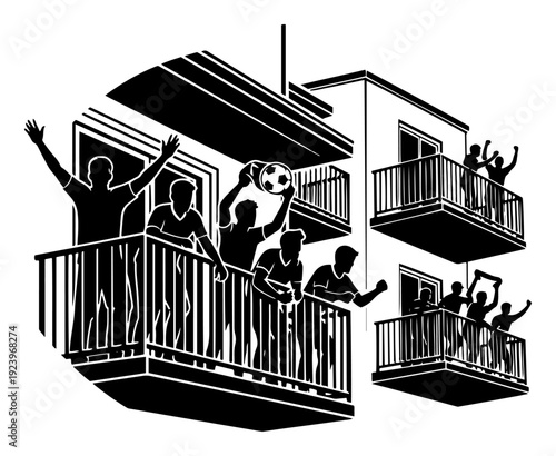 Enthusiastic soccer fans celebrating and cheering from apartment balconies with a football