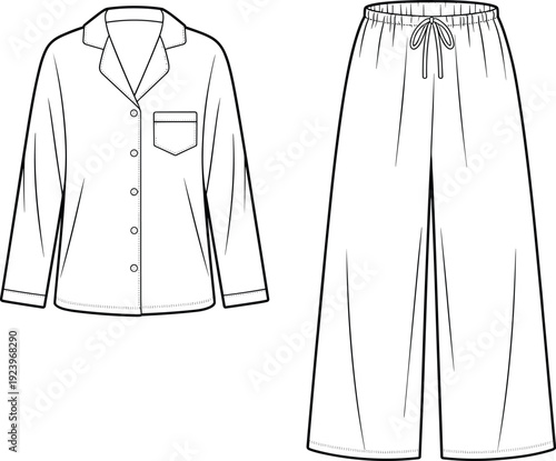 Detailed flat of a women's long sleeve pajama set featuring a collared button-up with a chest pocket and wide-leg pants with an elastic waistband and drawstring