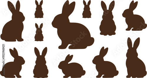 Rabbit silhouette illustration, animal poses sitting crouched upright profile character design, vector artwork, wildlife and education theme, isolated background