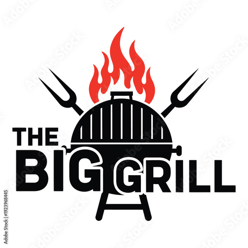The big grill logo with flame and utensils on white background icon