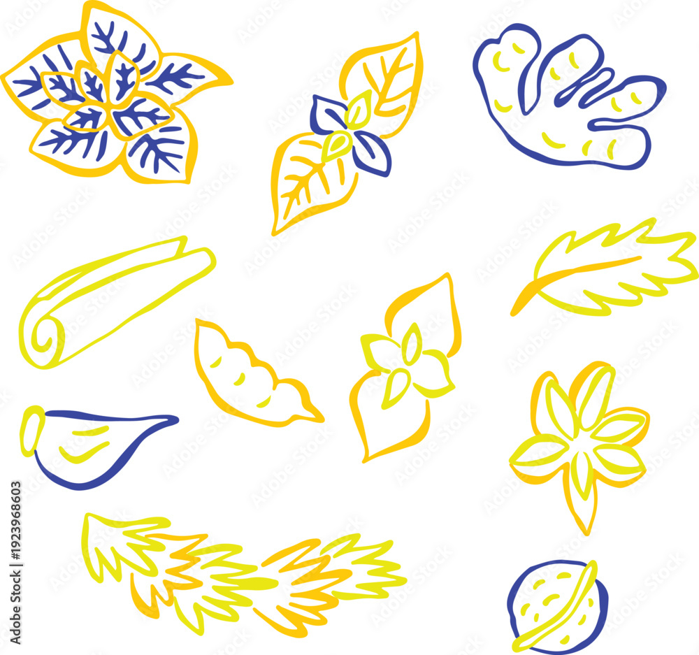 Obraz premium Bright, hand-sketched spices and herbs with bold yellow and blue outlines. Oregano, ginger, garlic, cinnamon, walnuts, rosemary.food ingredient illustration. colorful sketch for culinary projects.