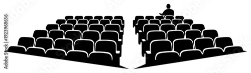 Perspective view of empty stadium seating rows with a lone spectator