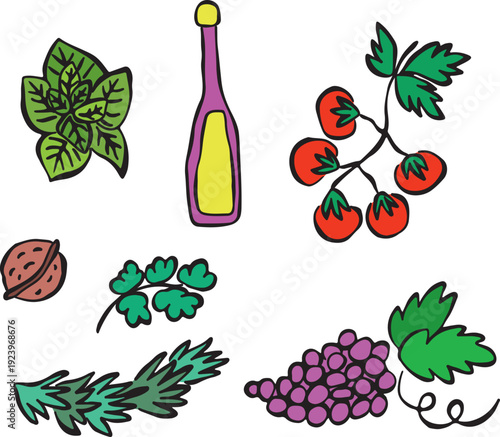 Hand-drawn spice collection with bold, grungy black lines. Oregano, oil, tomato, walnut, rosemary, parsley, walnut, grapes. Creative culinary ingredient. Isolated colorful outline.