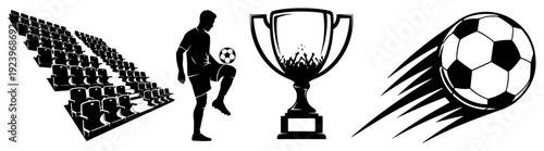Set of sports graphic elements including stadium seats player trophy and ball