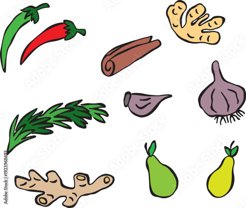 Artistic spice collection with grungy black outlines. Hot pepper, cinnamon, garlic, ginger, rosemary, pear. Hand-drawn, colorful culinary ingredient. Isolated vector sketch.