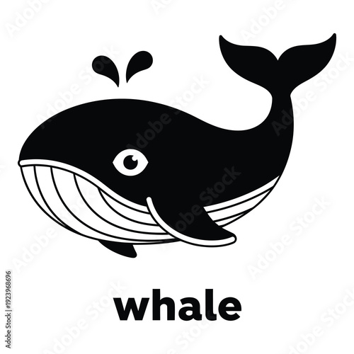 Black and white cartoon whale illustration with water splashes  simple animal design icon