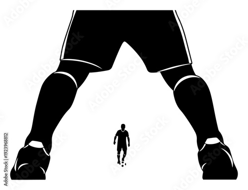 Perspective view from between legs of giant player watching small soccer player with ball