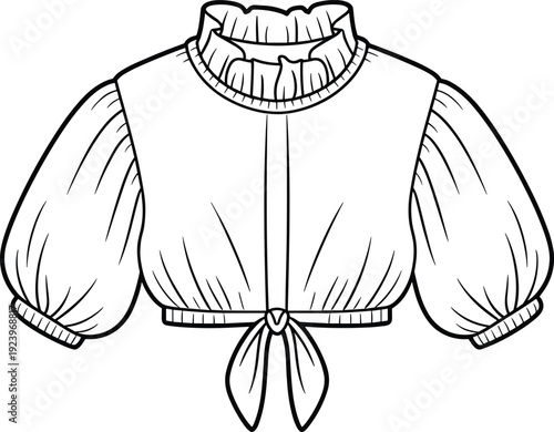 Fashion of a cropped blouse with voluminous puff sleeves, a ruffled neckline, and a tie front detail, presented as a flat for