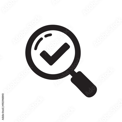 Magnifying glass with checkmark symbolizing verification and approval in a simple black icon
