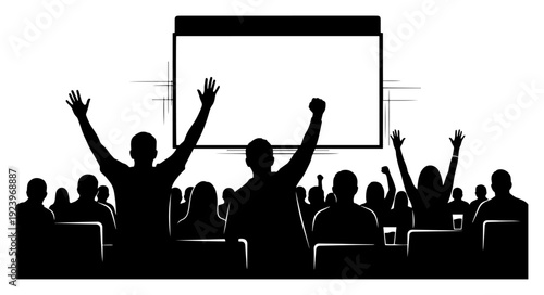 Silhouette of sports fans watching match on big screen and celebrating in a bar