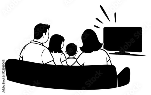 Family sitting on sofa watching soccer game on television together at home