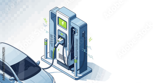Electric vehicle charging station with car connected for power supply.