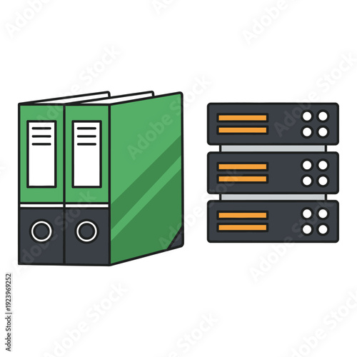 Green file binder and computer server hardware illustration icon