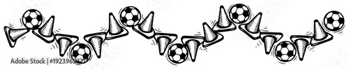 Sports training banner pattern with hand drawn soccer balls and cones in black and white