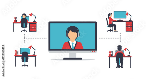Virtual Call Center & Remote Customer Support Network. Online Helpdesk with Telecommuting Agents & Distributed Workforce Concept.