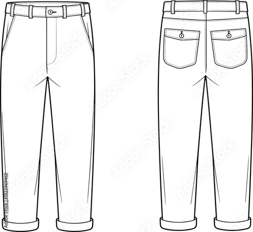 Front and back flat technical of women's casual pants with a button and zip closure, belt loops, side pockets, and cuffed hems with rolled cuffs