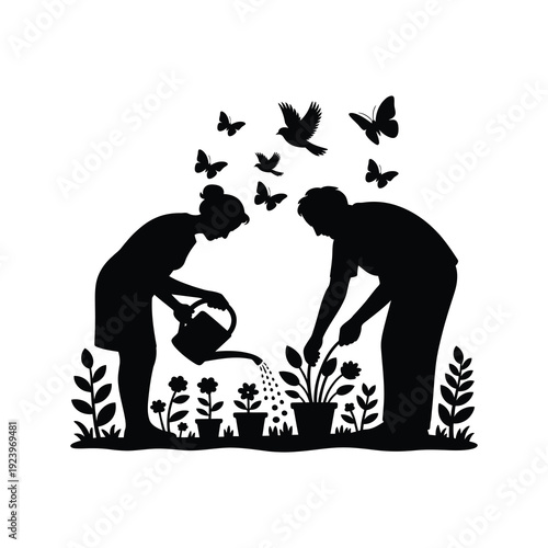 An elderly couple tending to their lush garden together on a sunny day. 