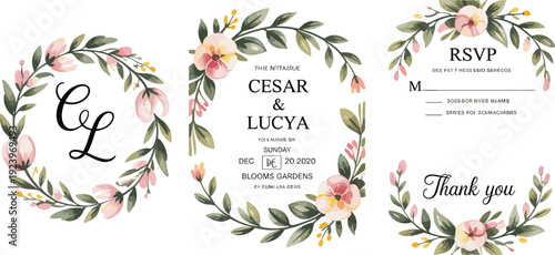 Floral wedding invitation suite with wreaths and text for ceremony details and RSVP RSVP thank you