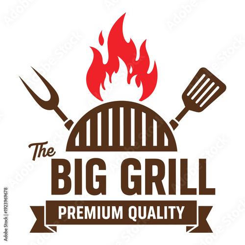 The big grill premium quality logo with utensils and flame design icon