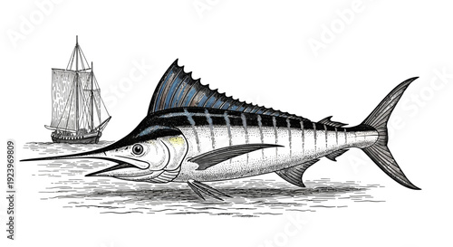 Detailed illustration of a majestic marlin fish with a long sharp bill.