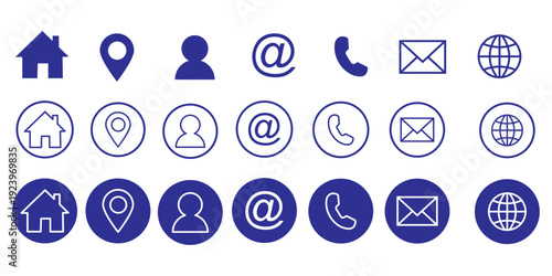 Contact Information Icons Set Featuring User Home Phone Email Location Mail Globe and Mobile Symbols in Three Different Styles Exactly 200 Characters
