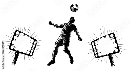 Soccer player jumping for a header between two glowing stadium floodlights in sketch style