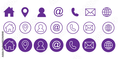 Contact Information Icons Set Featuring User Home Phone Email Location Mail Globe and Mobile Symbols in Three Different Styles Exactly 200 Characters
