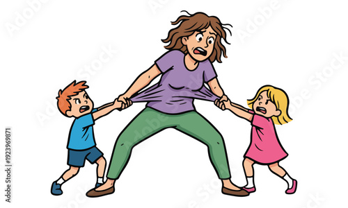 Stressed Mother Pulled by Arguing Children in Tug-of-War