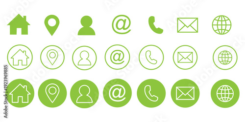 Contact Information Icons Set Featuring User Home Phone Email Location Mail Globe and Mobile Symbols in Three Different Styles Exactly 200 Characters
