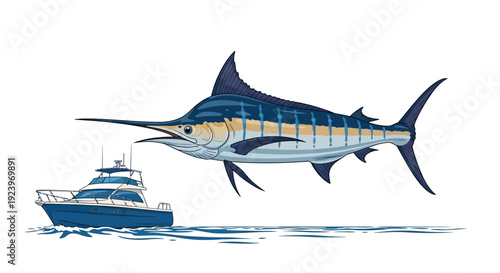 Majestic marlin leaps from the ocean near a fishing boat showcasing marine life.