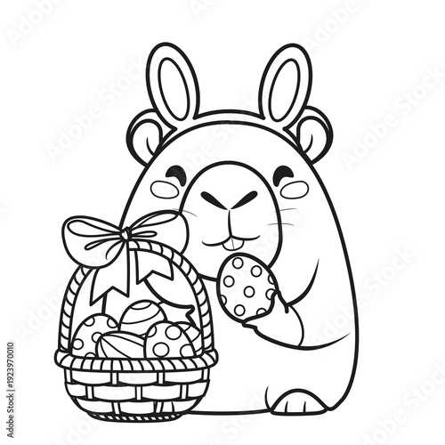 Cute cartoon capybara with bunny ears and a basket of Easter decorated eggs outlined for coloring page on white background