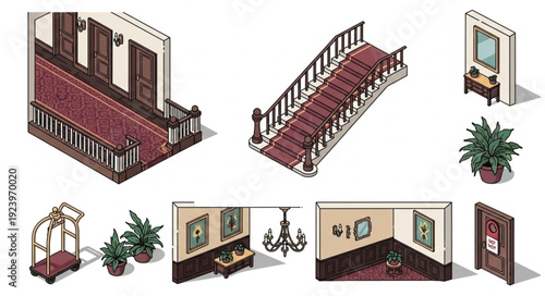 Elegant hotel interior design featuring staircase, hallway, and decorative elements.