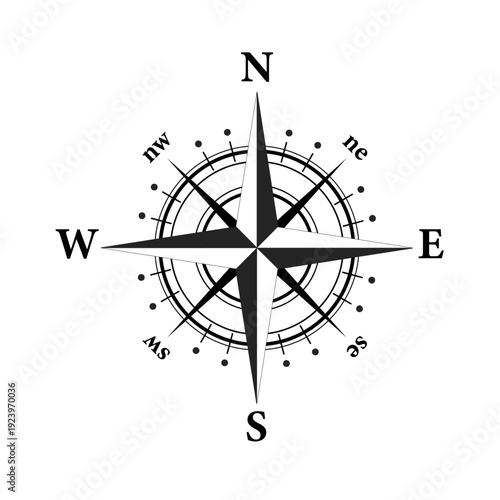 Wind rose and compass vector illustration in black and white color on isolated white background. easy art