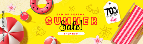 Bright end of season summer sale banner with yellow background, beach elements, watermelon theme, 70% off discount tag, and shop now button. Vibrant promotional design for retail marketing campaign.