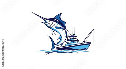 Spectacular image of a marlin leaping from the ocean near a fishing boat.