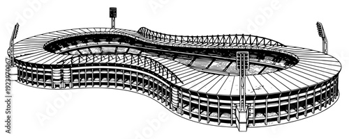 Large modern sports stadium with unique infinity shape architecture in detailed sketch style