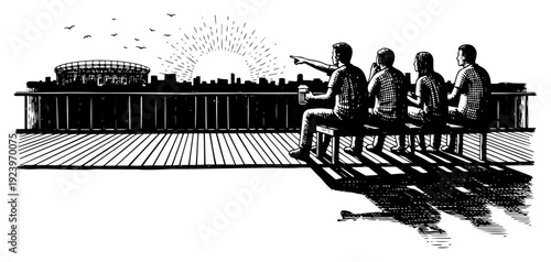 Friends sitting outdoors at sunset watching a distant stadium in detailed hand drawn style